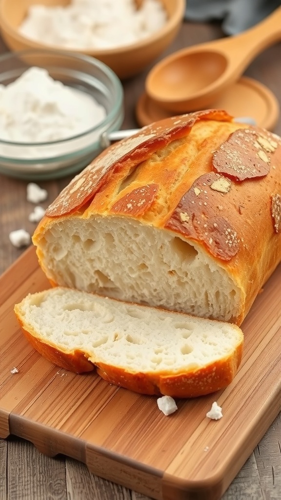 A golden-brown crusty bread loaf sliced to show its soft interior, on a wooden board with flour and a spoon in the background.
